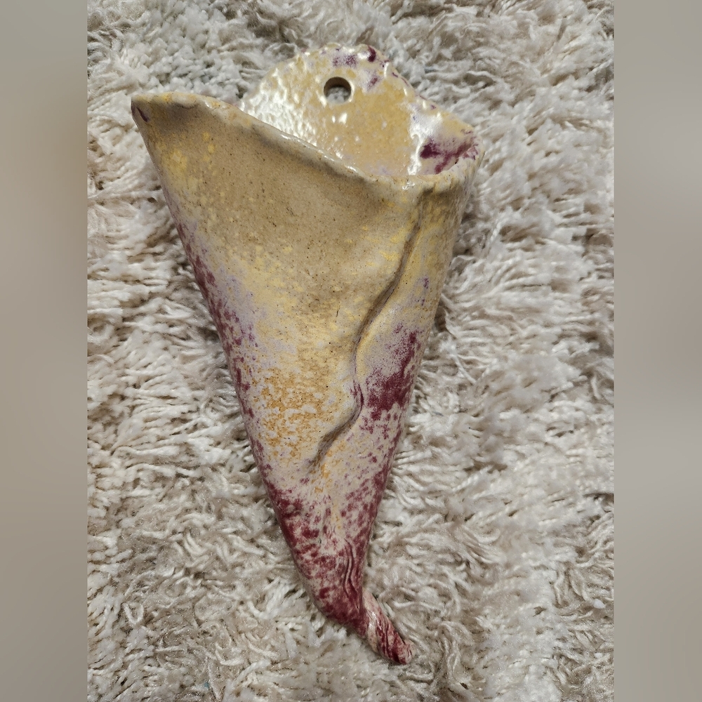 Vintage Ceramic Flower Hanging Holder Wall Pocket Hand Made Handpainted Rustic